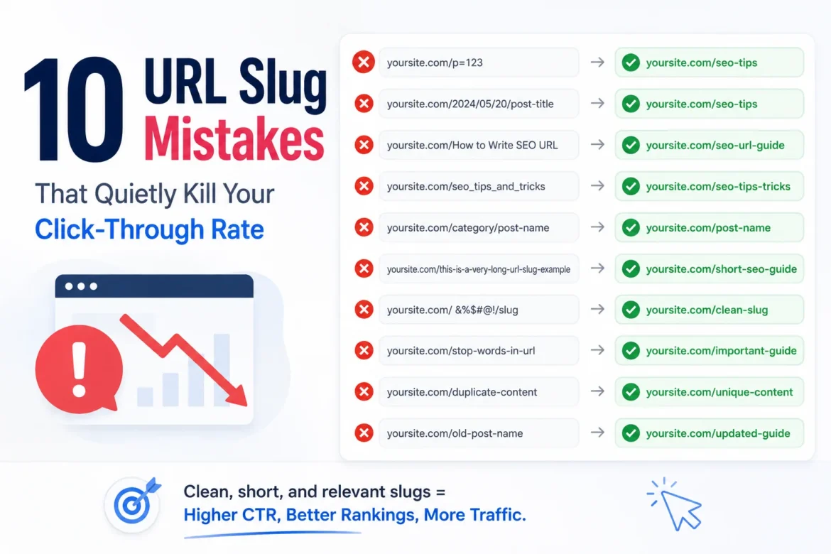 Minimal infographic showing common URL slug mistakes alongside clean SEO-friendly URL examples