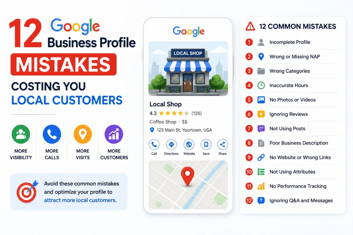Twelve common Google Business Profile mistakes that reduce local search visibility and customer acquisition.