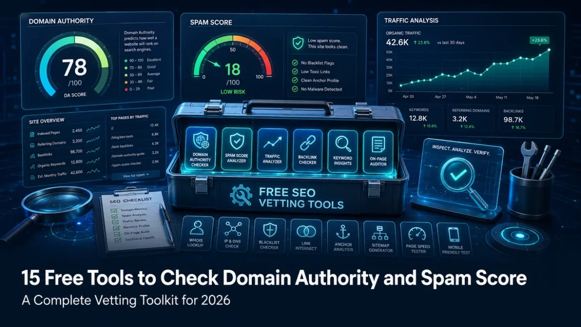 SEO vetting tools banner showing domain authority, spam score, and traffic analysis dashboard with the title 15 Free Tools to Check Domain Authority and Spam Score