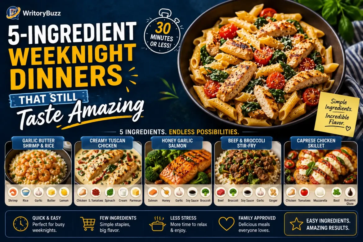 Colorful infographic featuring five easy weeknight dinner recipes made with just five ingredients, including quick meal ideas for busy families.
