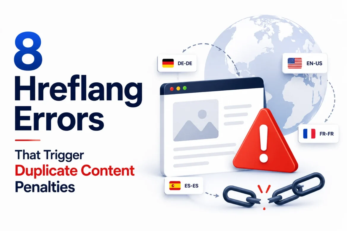 Minimal hero image showing hreflang errors causing duplicate content issues with a browser, globe, warning icon, and broken chain