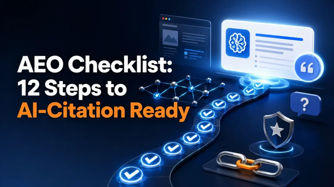 Checklist illustration showing the essential steps to optimize web pages for AI citations and Answer Engine Optimization (AEO).