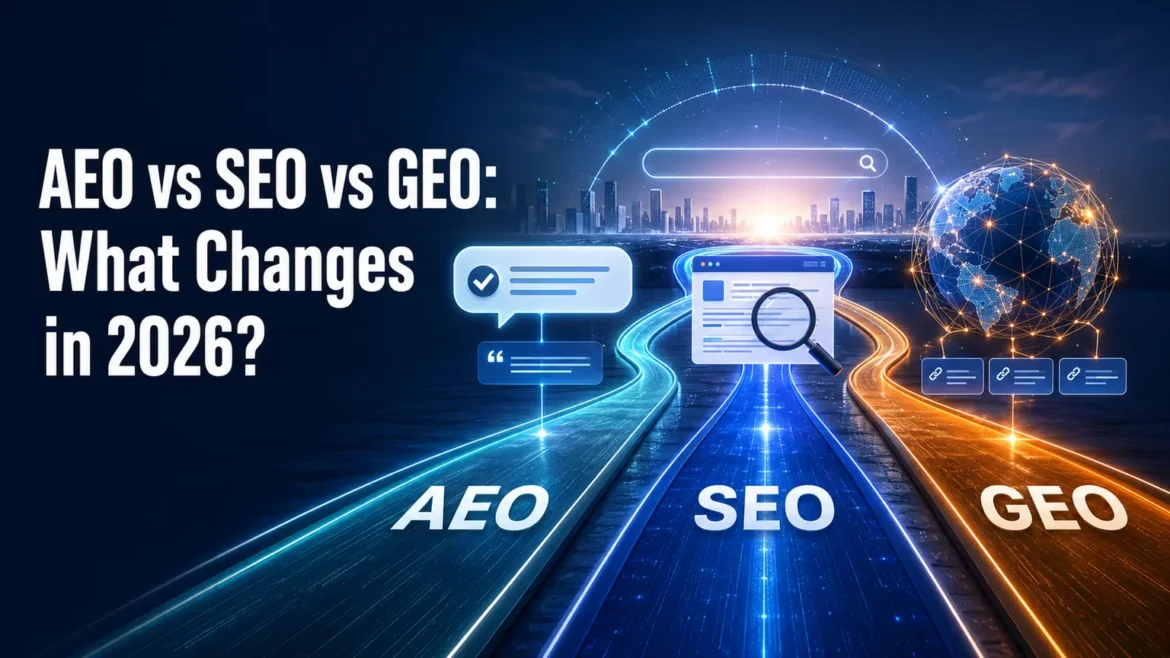 Comparison infographic showing the differences between AEO, SEO, and GEO for AI-powered search optimization in 2026.