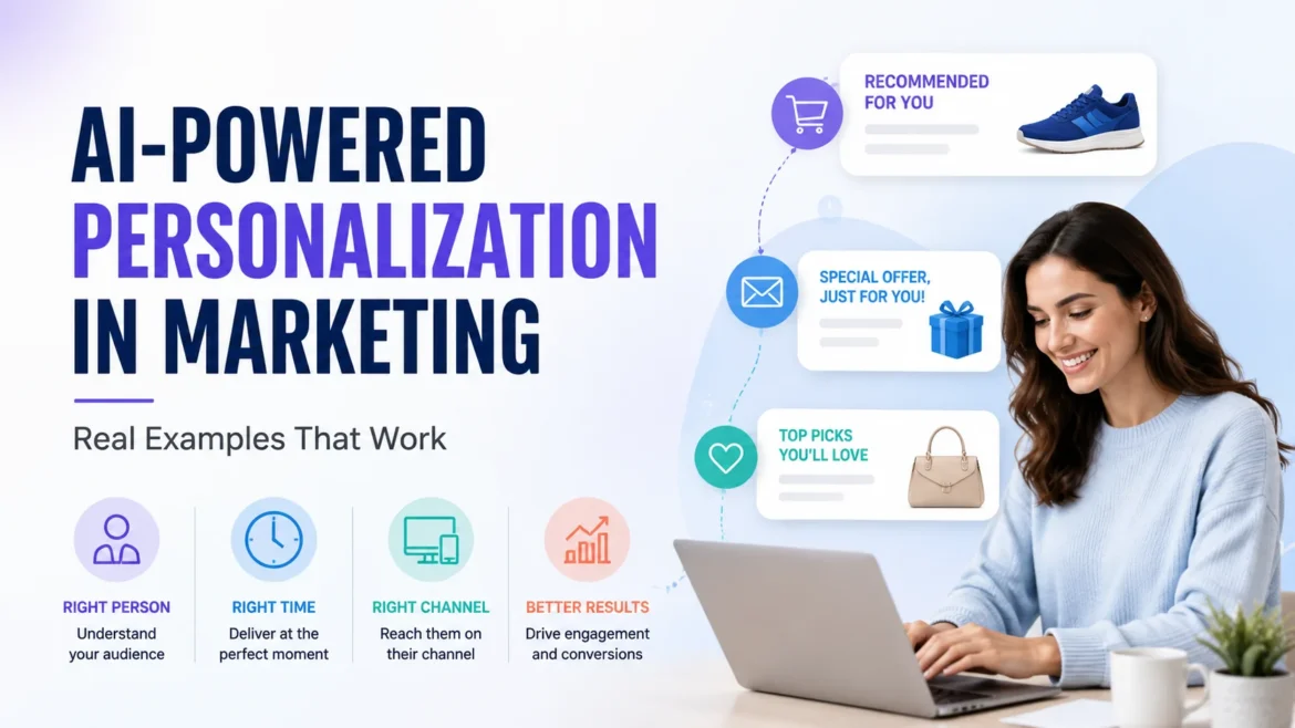 AI-powered marketing personalization concept showing personalized product recommendations and customer engagement
