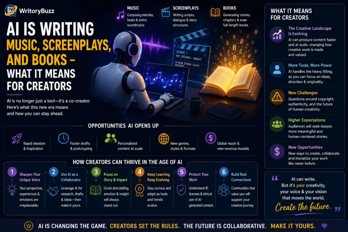 Infographic showing how AI is creating music, screenplays, and books while highlighting opportunities, challenges, and the future of creative work for writers, musicians, and artists.