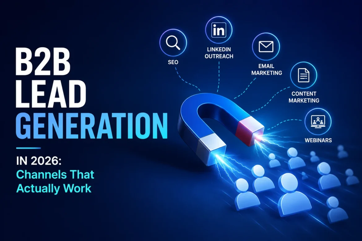 B2B lead generation concept with a magnet attracting business leads and digital marketing channels