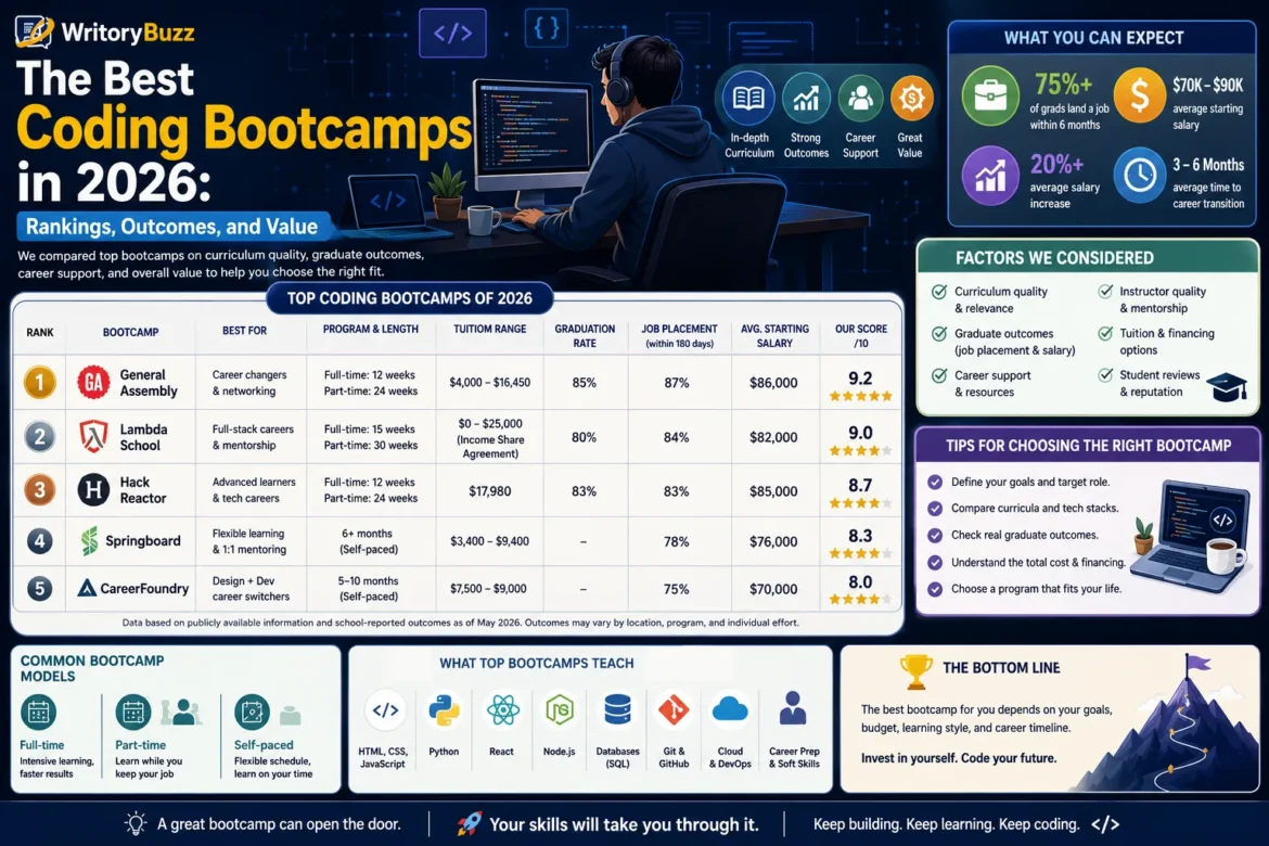 Infographic comparing the best coding bootcamps in 2026, featuring rankings, graduate outcomes, tuition costs, job placement rates, and overall value for aspiring software developers.