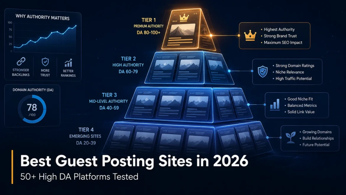Tiered pyramid infographic showing the best high domain authority guest posting sites in 2026 categorized by authority levels