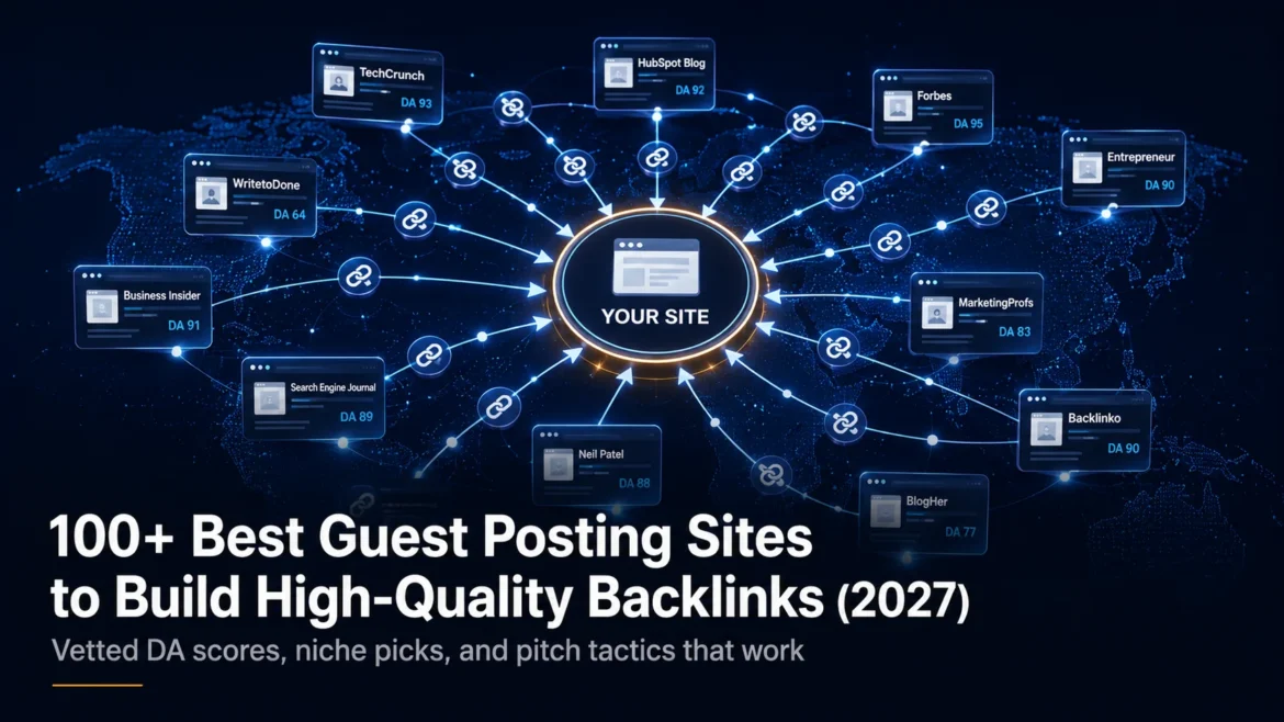 Digital illustration of a guest posting backlink network with interconnected high-authority websites pointing to a central domain