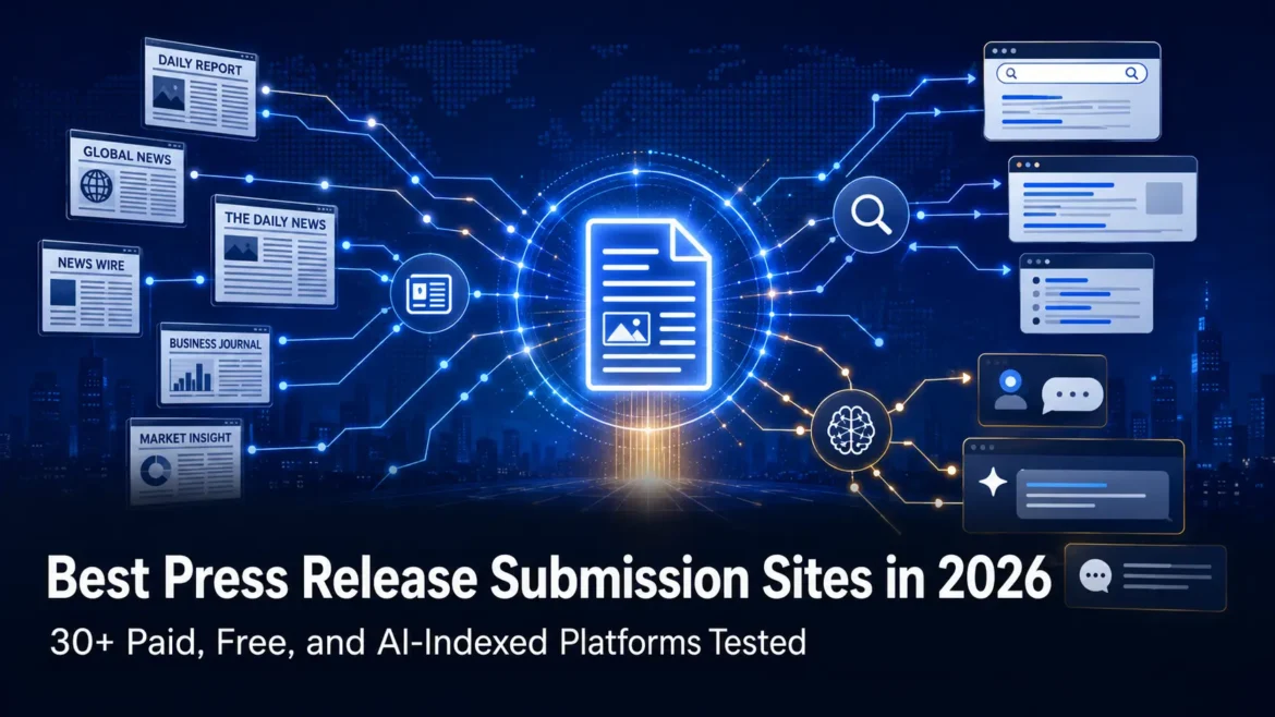 Best press release submission sites in 2026 showing distribution to news websites, search engines, and AI platforms