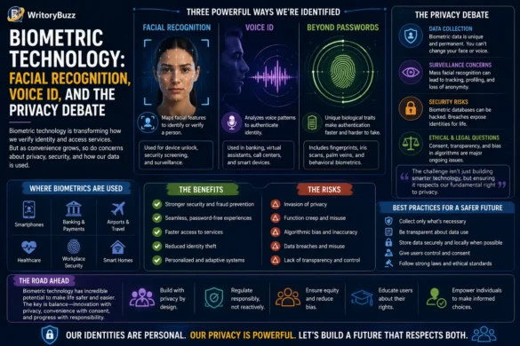 Infographic explaining biometric technology, including facial recognition, voice identification, and the privacy, security, and ethical concerns surrounding biometric authentication.