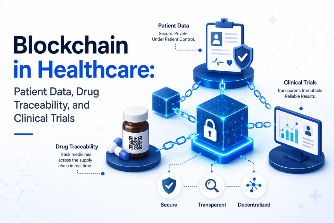 Hero image illustrating blockchain in healthcare with secure patient records, drug traceability, and clinical trial data connected through a blockchain network