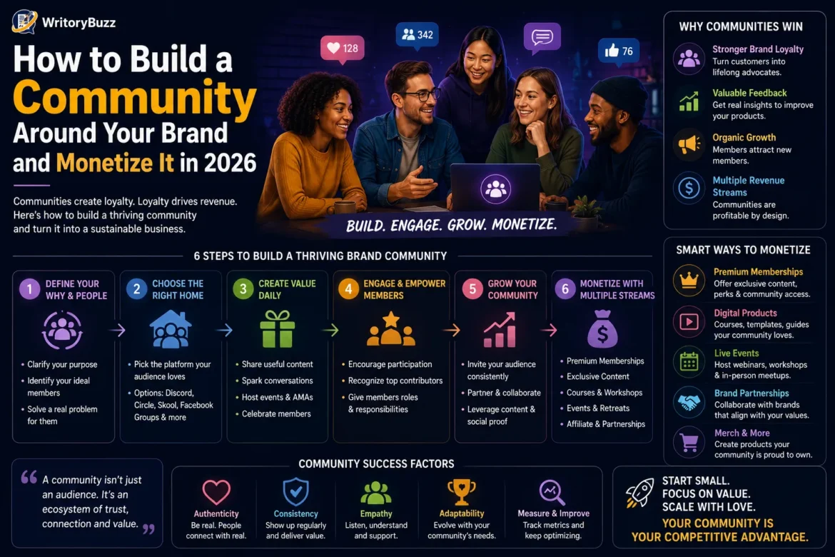 Infographic illustrating how to build an online brand community in 2026 with engagement strategies, community growth, and monetization methods.