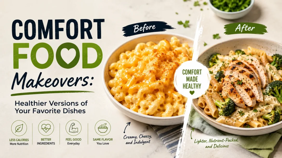 Healthy comfort food makeover comparing a classic creamy pasta dish with a lighter, nutritious version