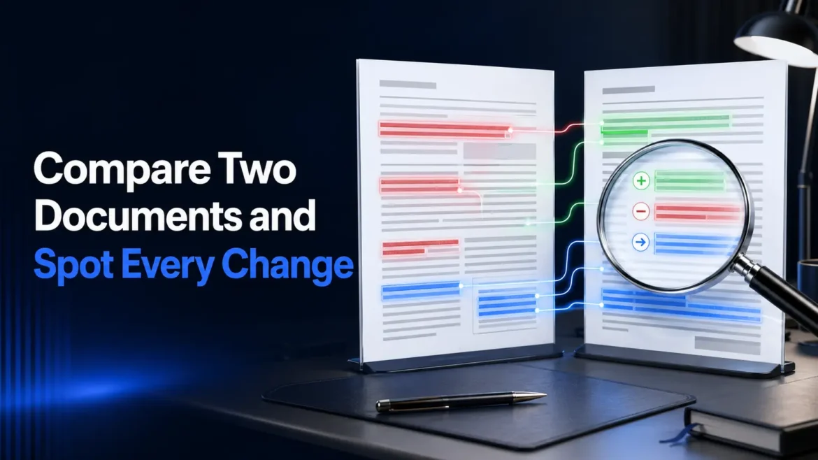 Document comparison tool showing two files side by side with highlighted changes, edits, and differences.