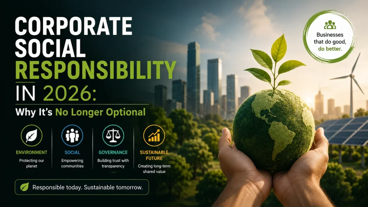 Corporate social responsibility concept showing sustainable business practices with renewable energy, environmental stewardship, and ESG principles