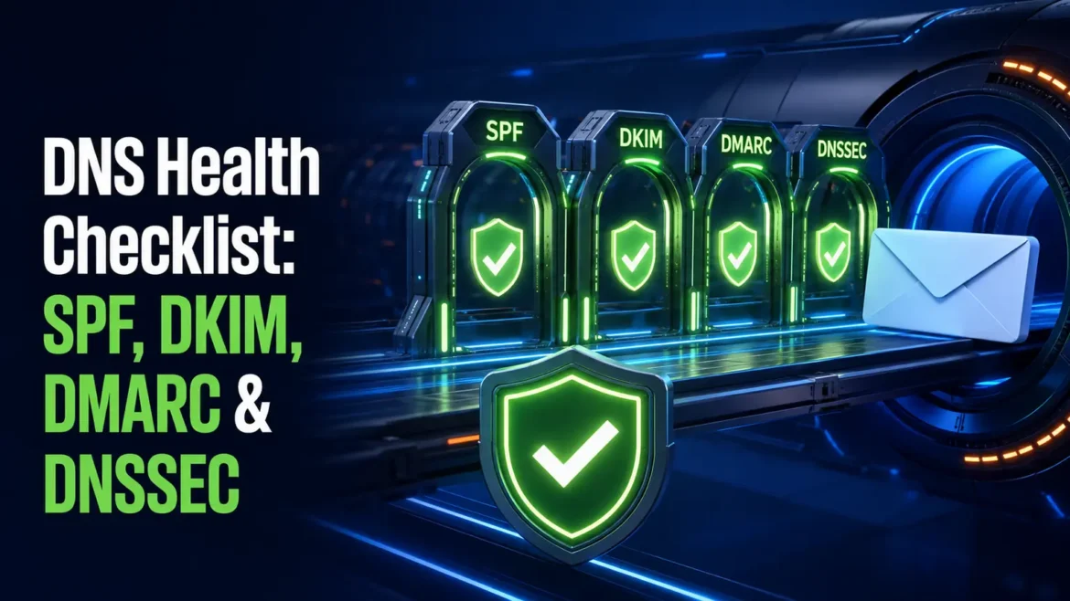 DNS health checklist infographic showing SPF, DKIM, DMARC, and DNSSEC settings for domain security and email protection.