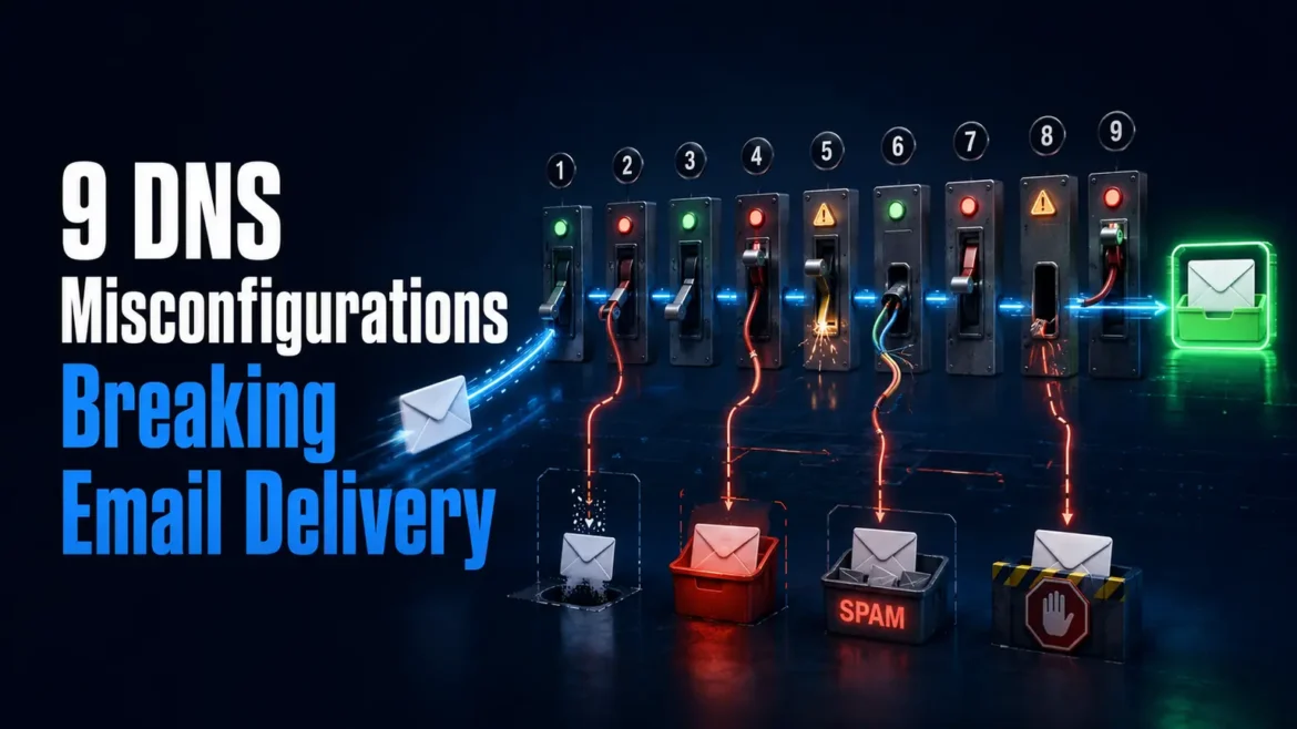 9 DNS misconfigurations affecting email delivery including SPF, DKIM, DMARC, and mail server record errors.