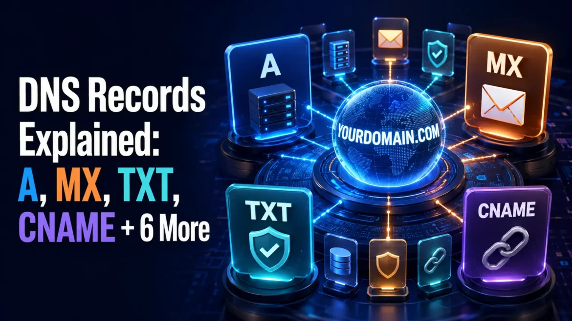 DNS records explained infographic showing A, MX, TXT, CNAME, and other DNS record types for website and email configuration.