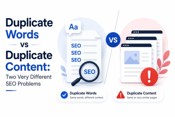 Minimal hero image comparing duplicate words and duplicate content with document, magnifying glass, browser windows, and warning icon