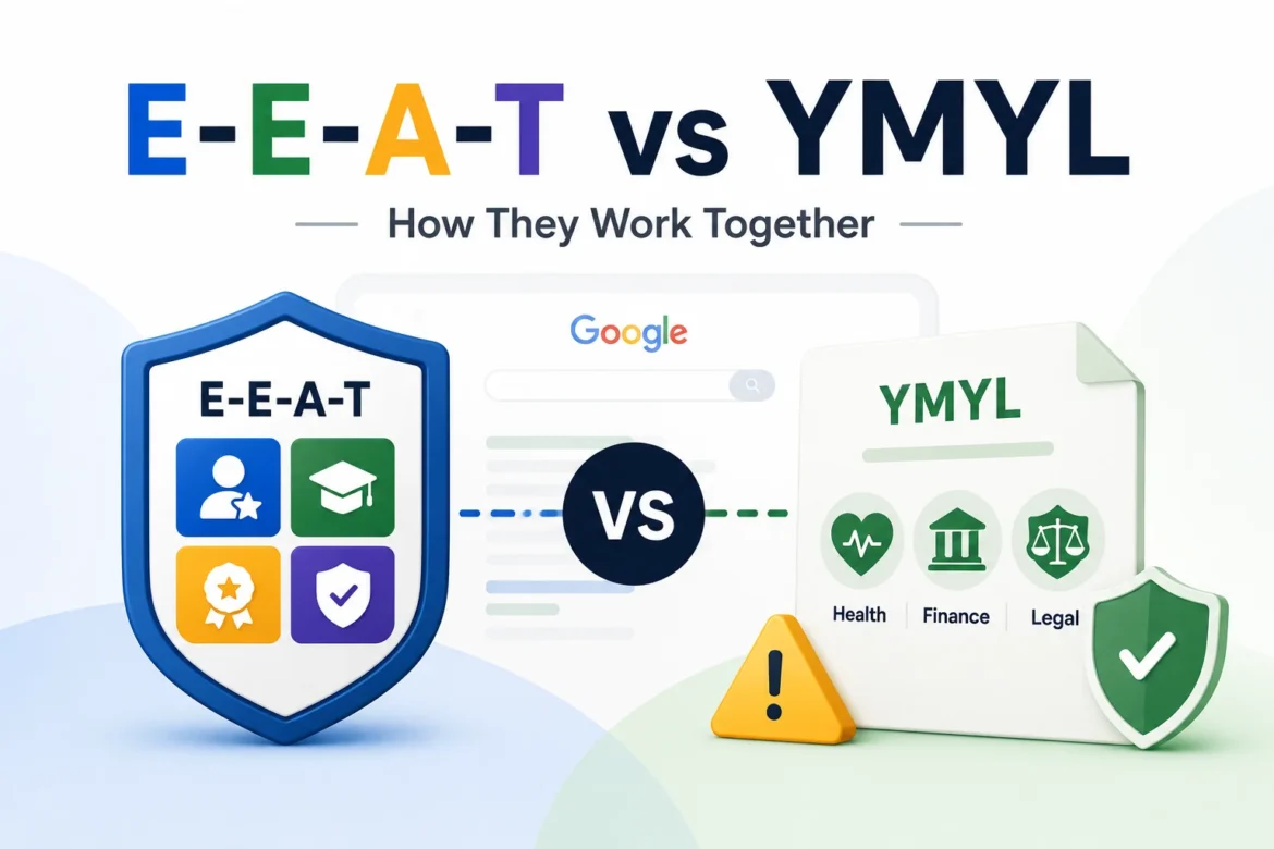 Minimal comparison of E-E-A-T and YMYL with trust and content quality icons