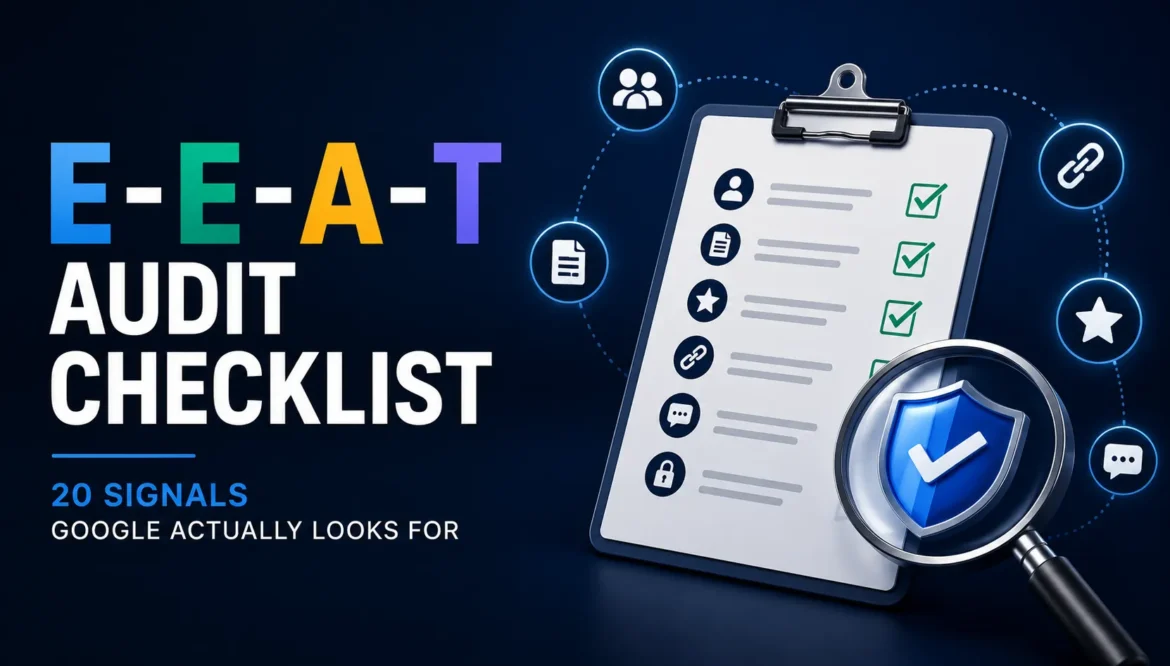 E-E-A-T audit checklist illustrating 20 key Google quality signals for improving website trust and search rankings