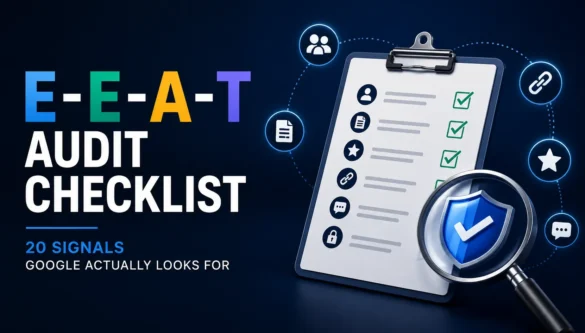 E-E-A-T audit checklist illustrating 20 key Google quality signals for improving website trust and search rankings