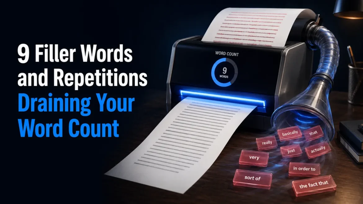 Editing illustration highlighting filler words and repetitive phrases that weaken writing and increase word count.