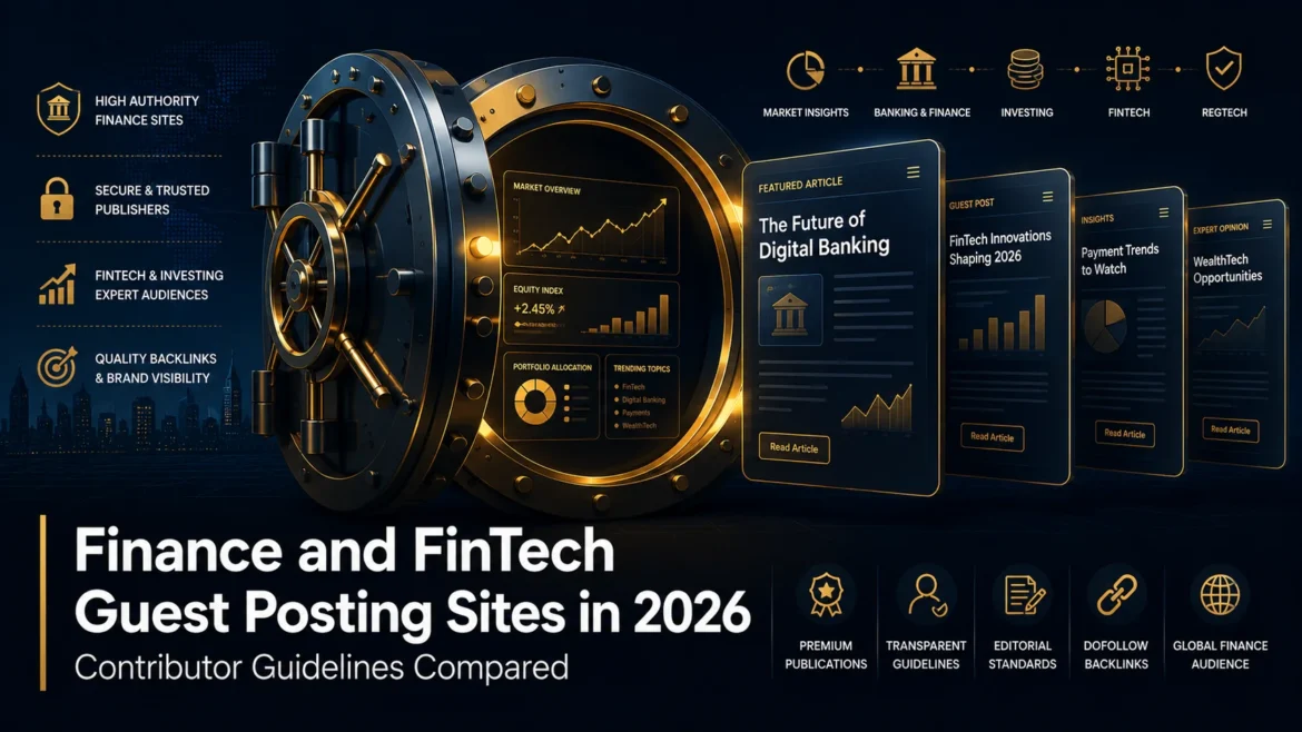 Premium finance and fintech guest posting illustration featuring a secure vault opening to financial dashboards and editorial article pages