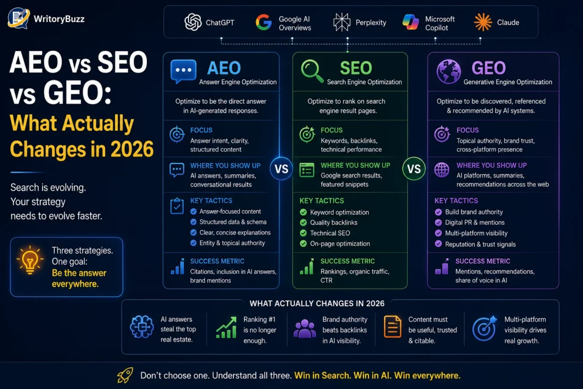 Comparison of AEO, SEO, and GEO strategies showing their focus, optimization methods, AI search visibility, and ranking differences in 2026.