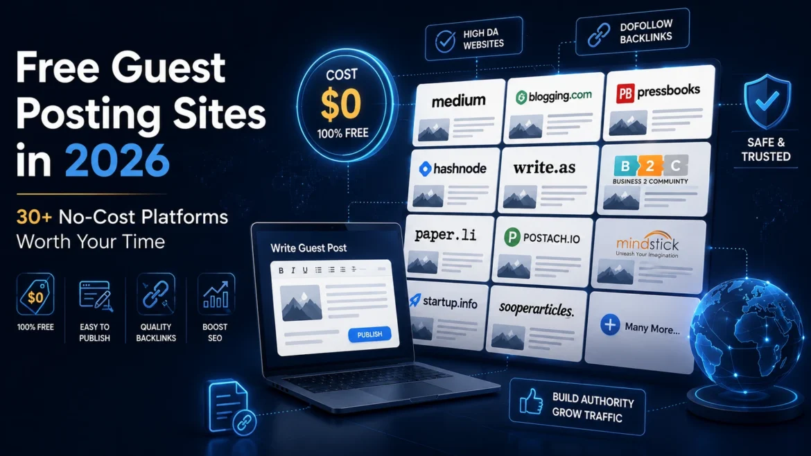 Free guest posting sites in 2026 infographic featuring 30+ no-cost platforms for building backlinks and improving SEO