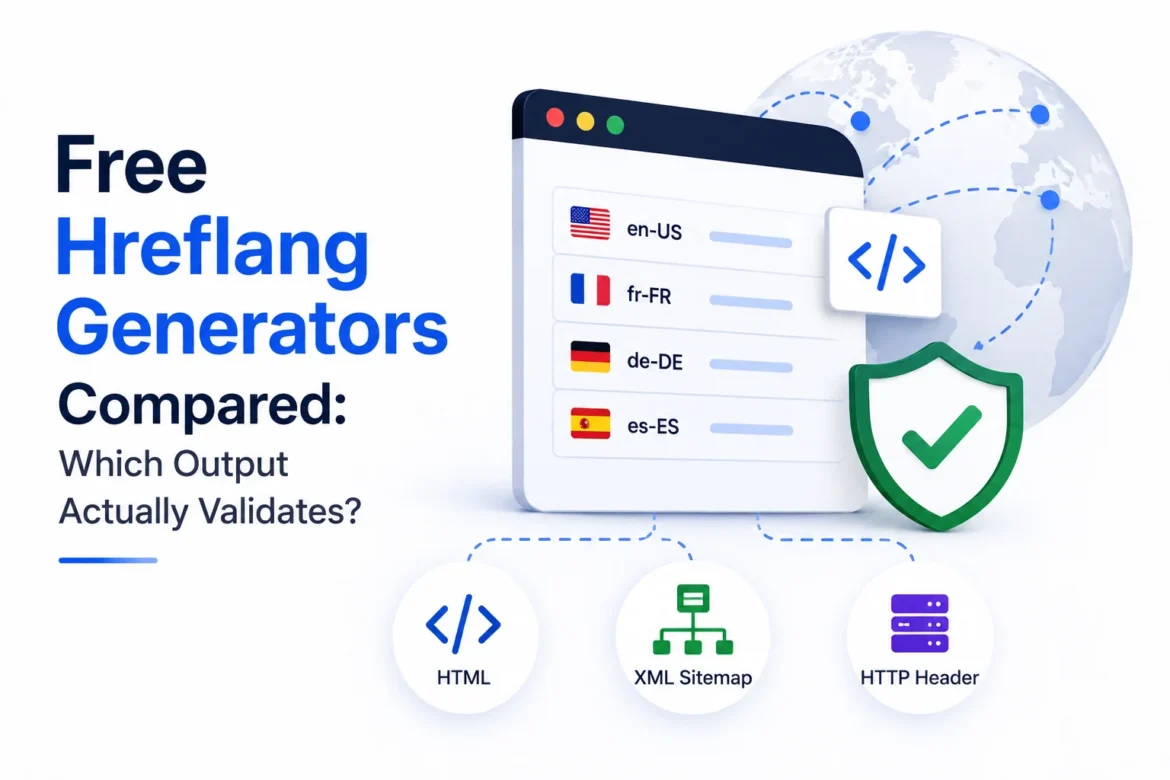 Minimal hero image comparing free hreflang generators with a browser window, multilingual tags, validation shield, and globe