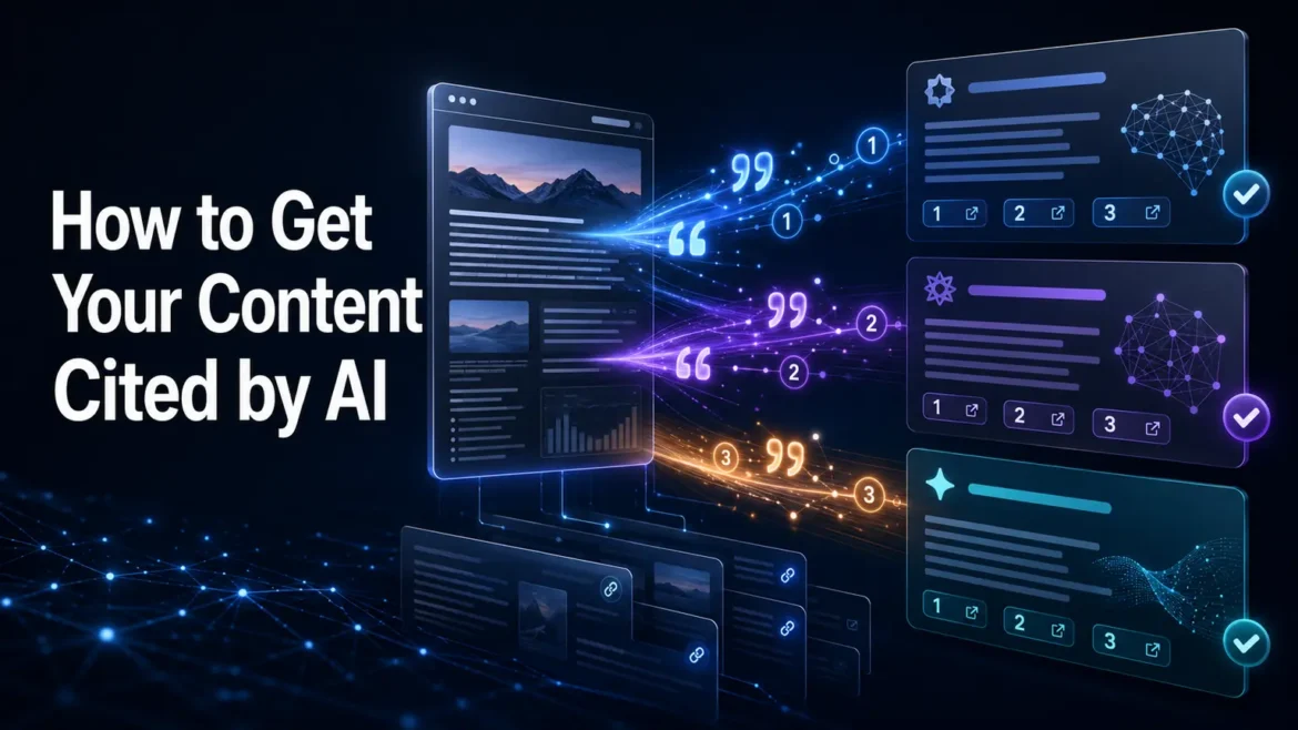 Illustration showing how content gets cited by ChatGPT, Perplexity, and Google AI Overviews through AI search optimization.