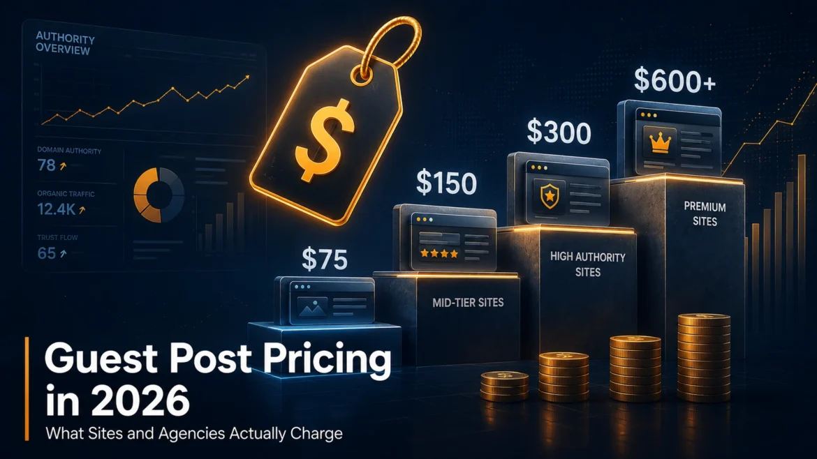 Guest post pricing illustration showing website authority tiers, pricing levels, and a glowing price tag representing backlink publishing costs