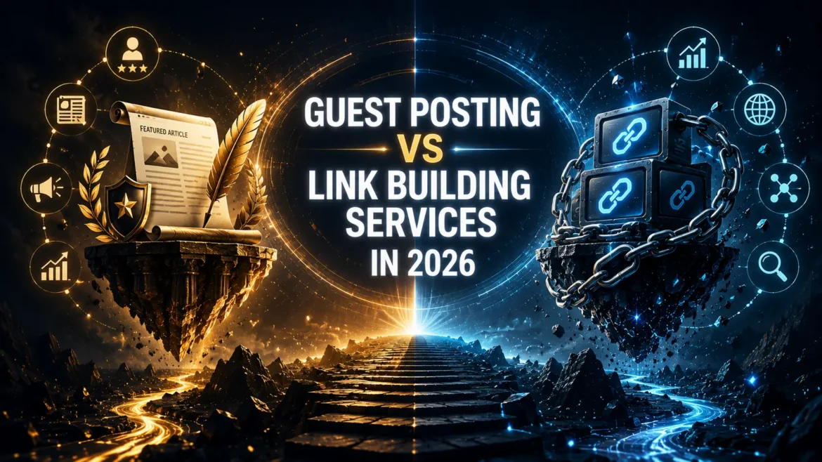 Split-scene illustration comparing guest posting and link building services with a central title highlighting authority-focused SEO strategies
