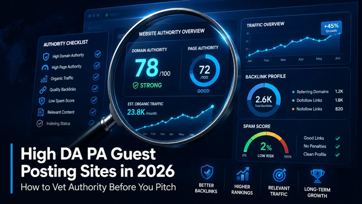 Magnifying glass inspecting a domain authority dashboard to evaluate high DA PA guest posting websites before outreach
