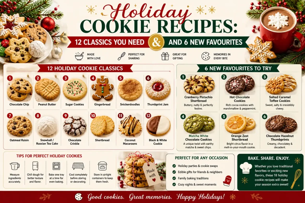 Festive holiday cookie recipe infographic featuring 12 classic Christmas cookies and 6 creative new favorites, with baking tips and seasonal dessert inspiration.