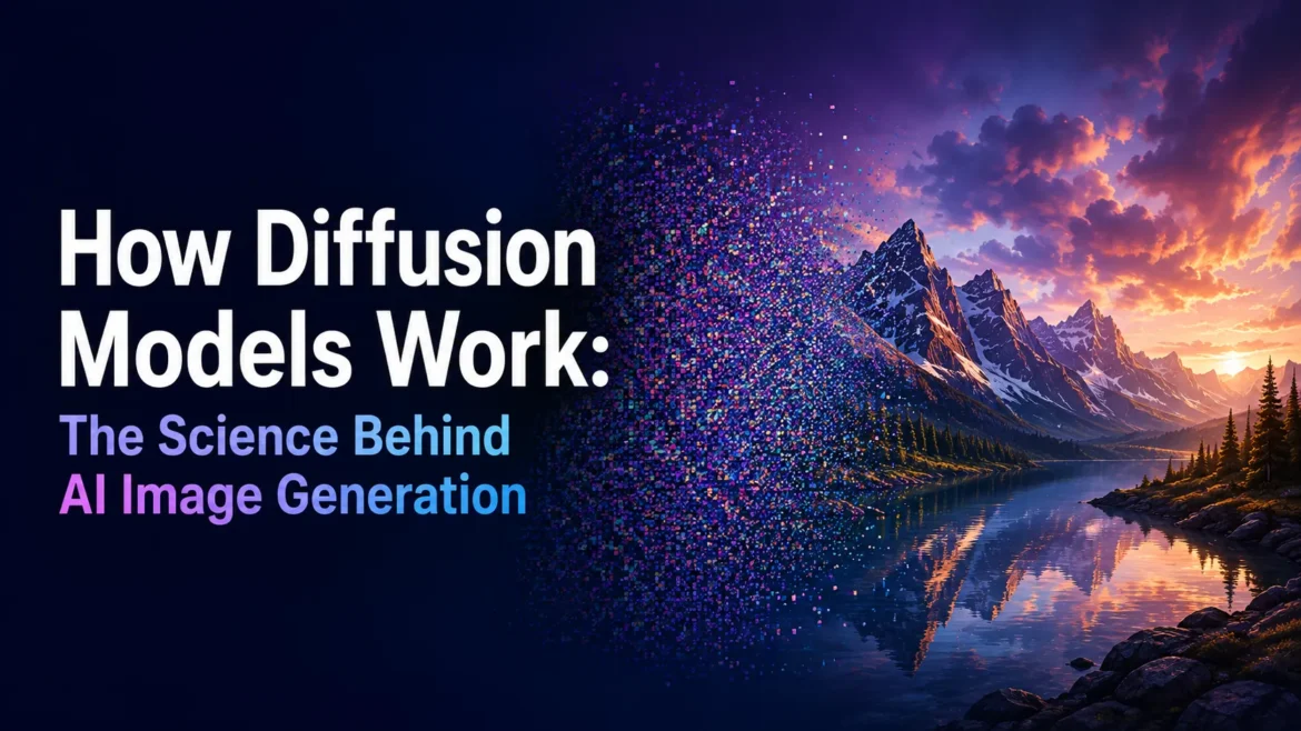 AI diffusion model transforming digital noise into a realistic landscape illustration