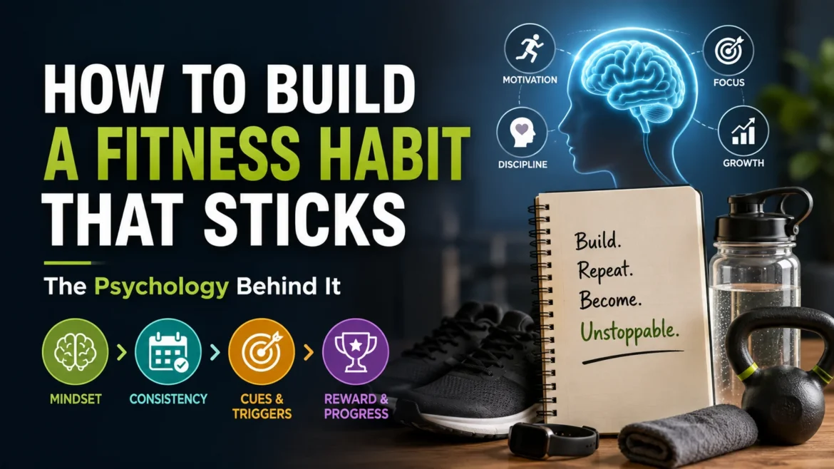 Illustration showing the psychology behind building a lasting fitness habit with mindset, consistency, cues, and rewards.