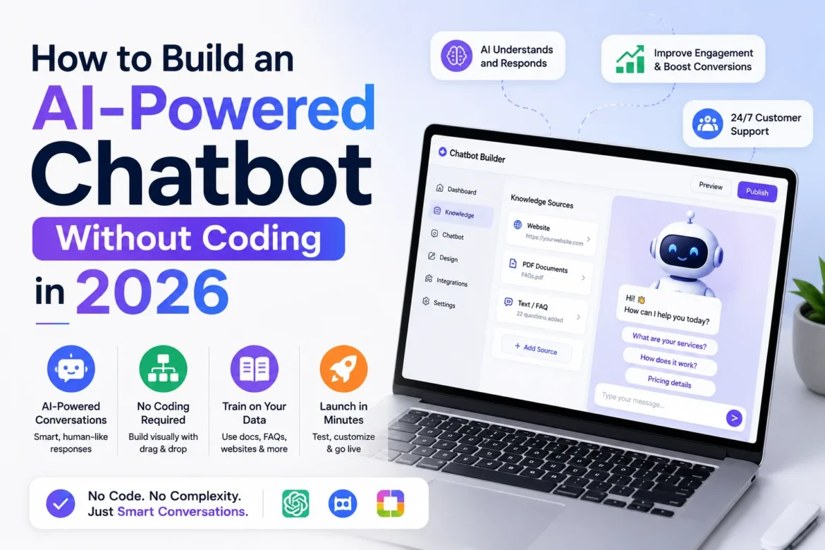 No-code AI chatbot builder interface on a laptop with an AI assistant and automation workflow in 2026