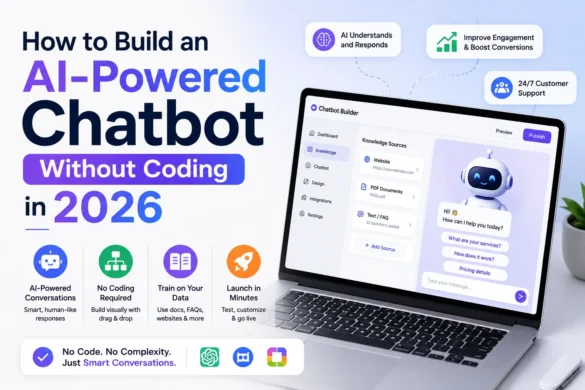 No-code AI chatbot builder interface on a laptop with an AI assistant and automation workflow in 2026