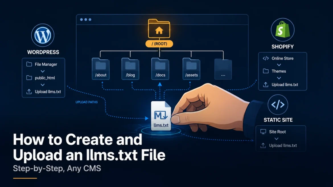 Editorial illustration showing how to create and upload an llms.txt file to a website using WordPress, Shopify, or a static site.