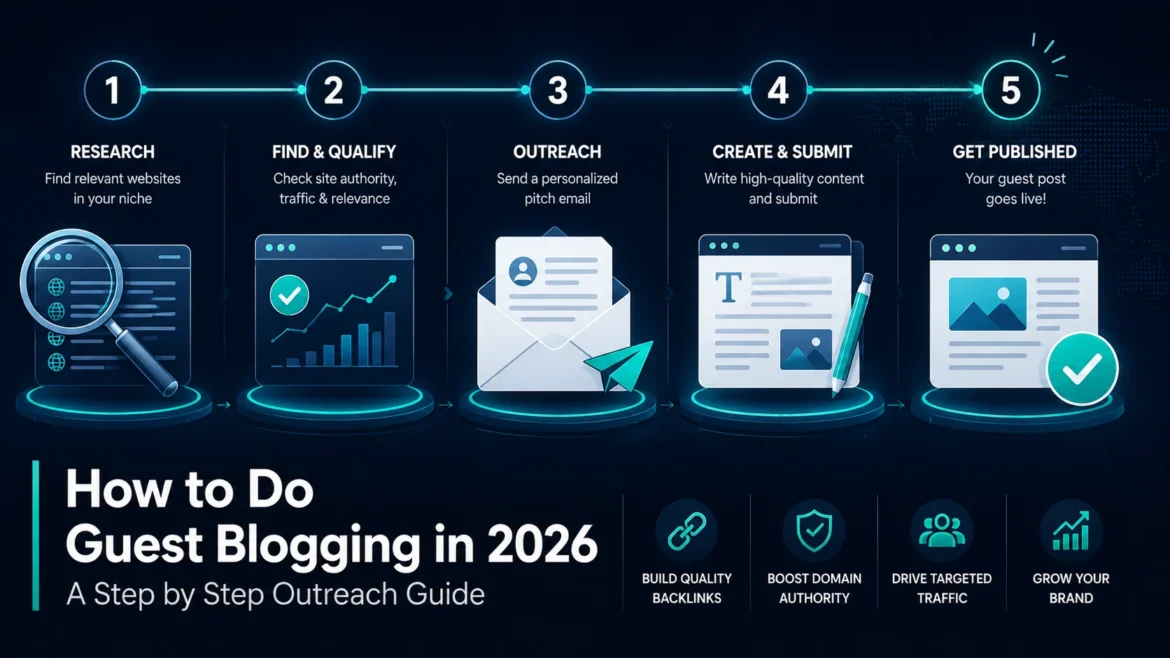 Five-step guest blogging outreach process infographic showing research, qualification, outreach, content submission, and publication