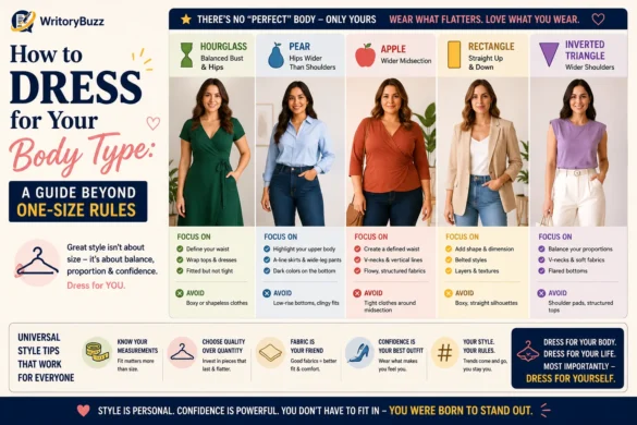 Style guide infographic showing clothing recommendations for different body types, including hourglass, pear, apple, rectangle, and inverted triangle body shapes.
