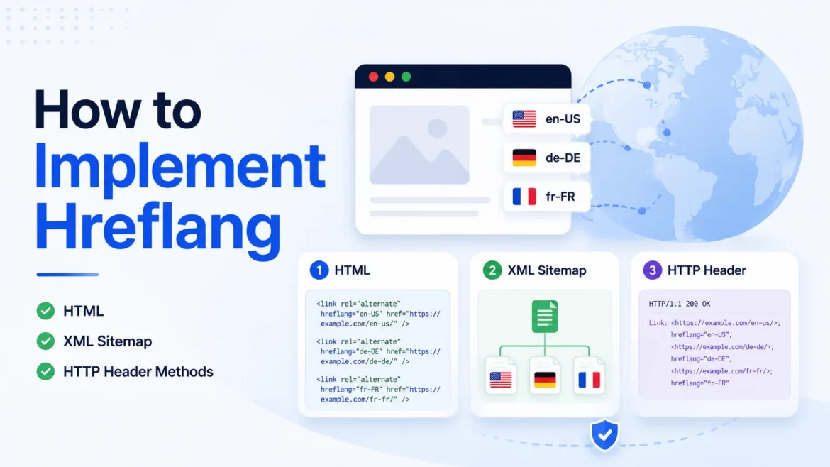 Minimal hero image showing hreflang implementation using HTML, XML Sitemap, and HTTP Header methods with a browser, globe, and language flags