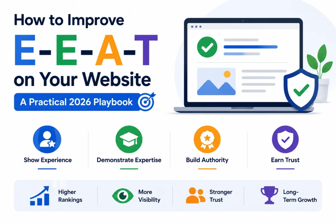 Simple infographic showing how to improve E-E-A-T on a website with four core pillars: Experience, Expertise, Authority, and Trust