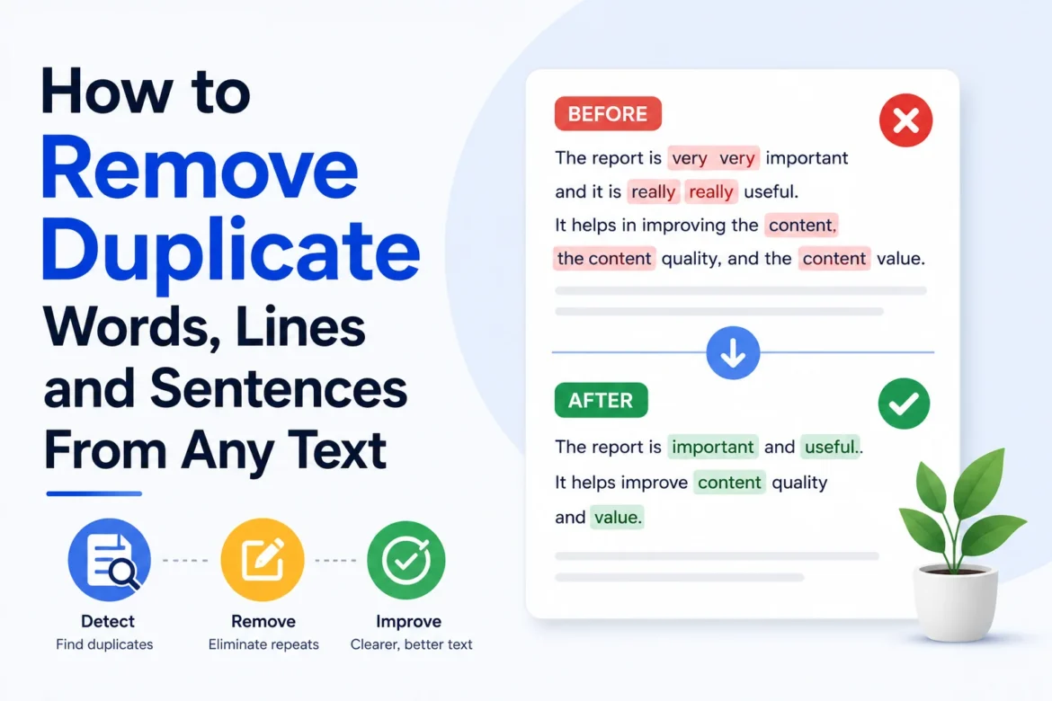 Hero image illustrating how to remove duplicate words, lines, and sentences from text using a before-and-after document comparison