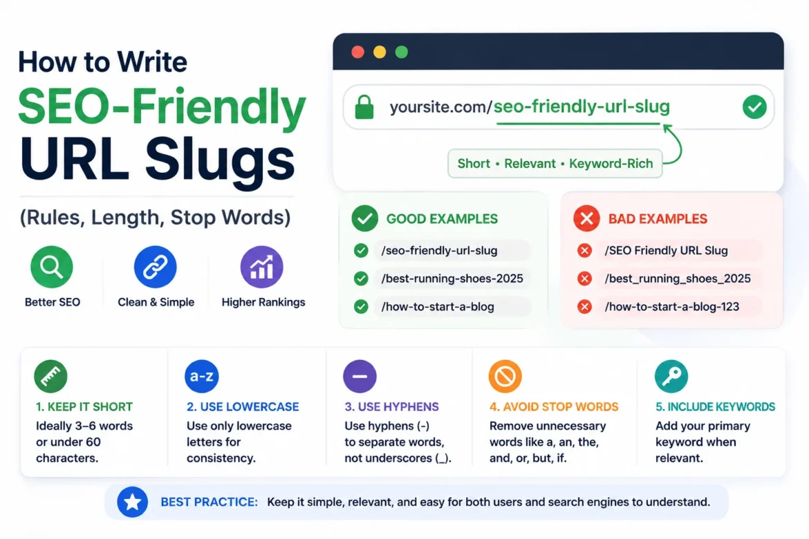 SEO-friendly URL slug examples showing best practices for structure, length, and keyword usage