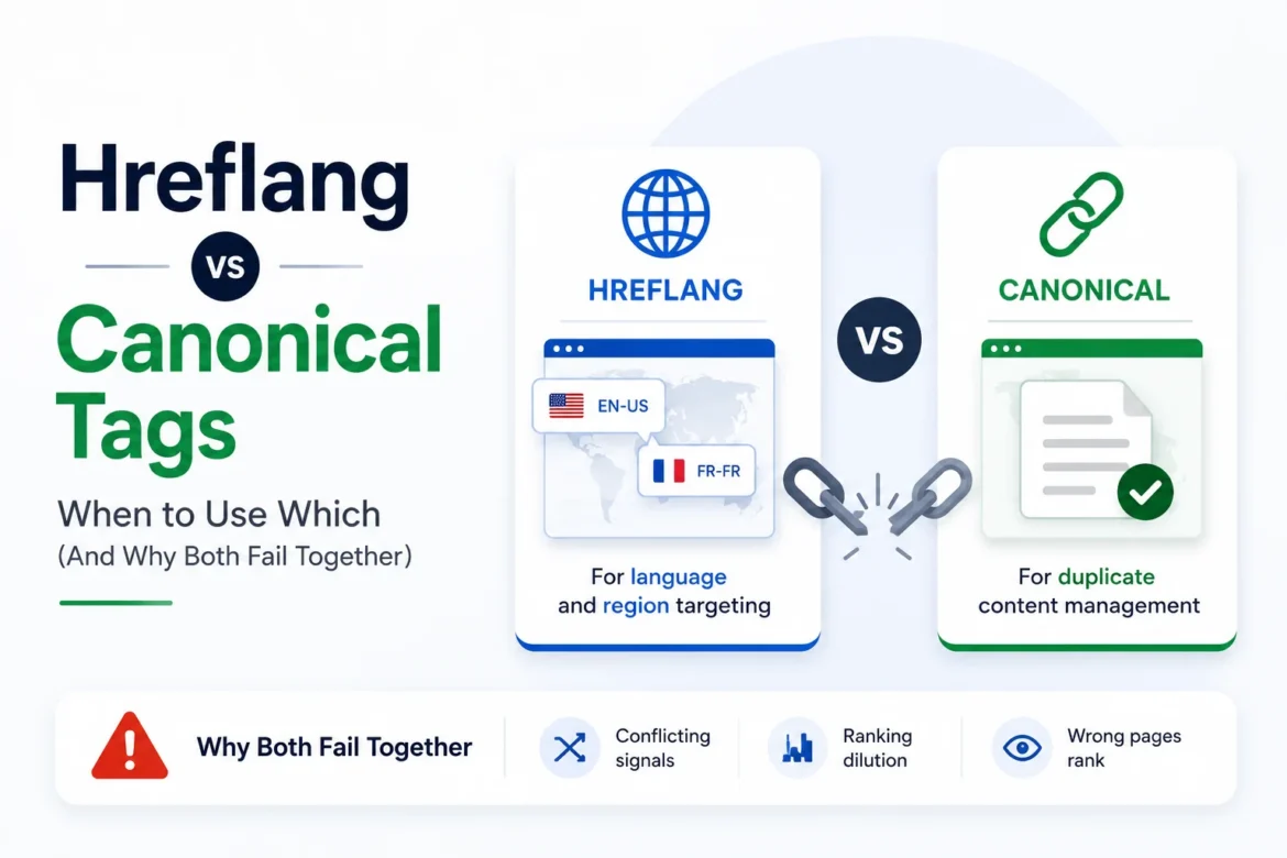 Minimal hero image comparing hreflang and canonical tags for multilingual SEO and duplicate content management