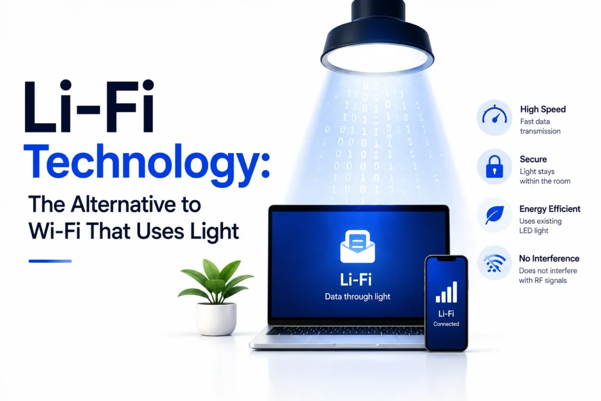 Hero image illustrating Li-Fi technology using light from an LED lamp to connect a laptop and smartphone